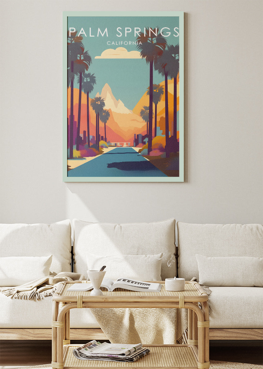 Palm Springs California Poster & Canvas Print – Desert Sunset Drive Illustration Wall Art