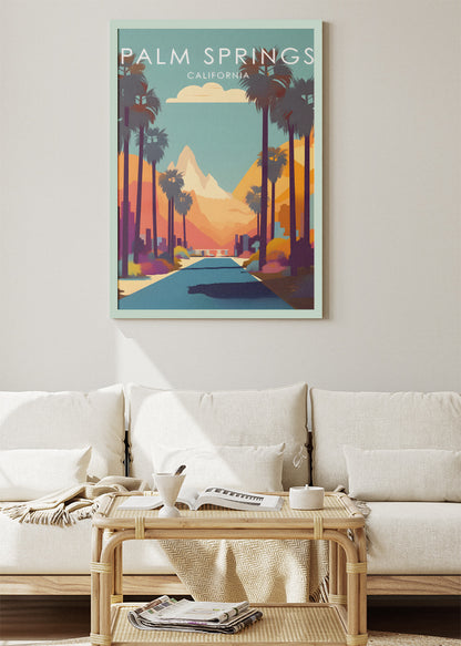 Palm Springs California Poster & Canvas Print – Desert Sunset Drive Illustration Wall Art