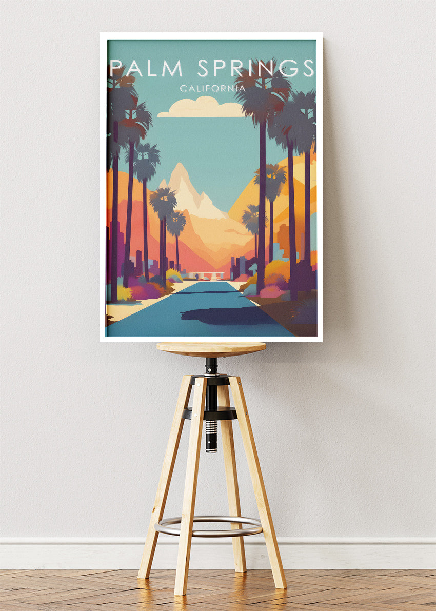 Palm Springs California Poster & Canvas Print – Desert Sunset Drive Illustration Wall Art