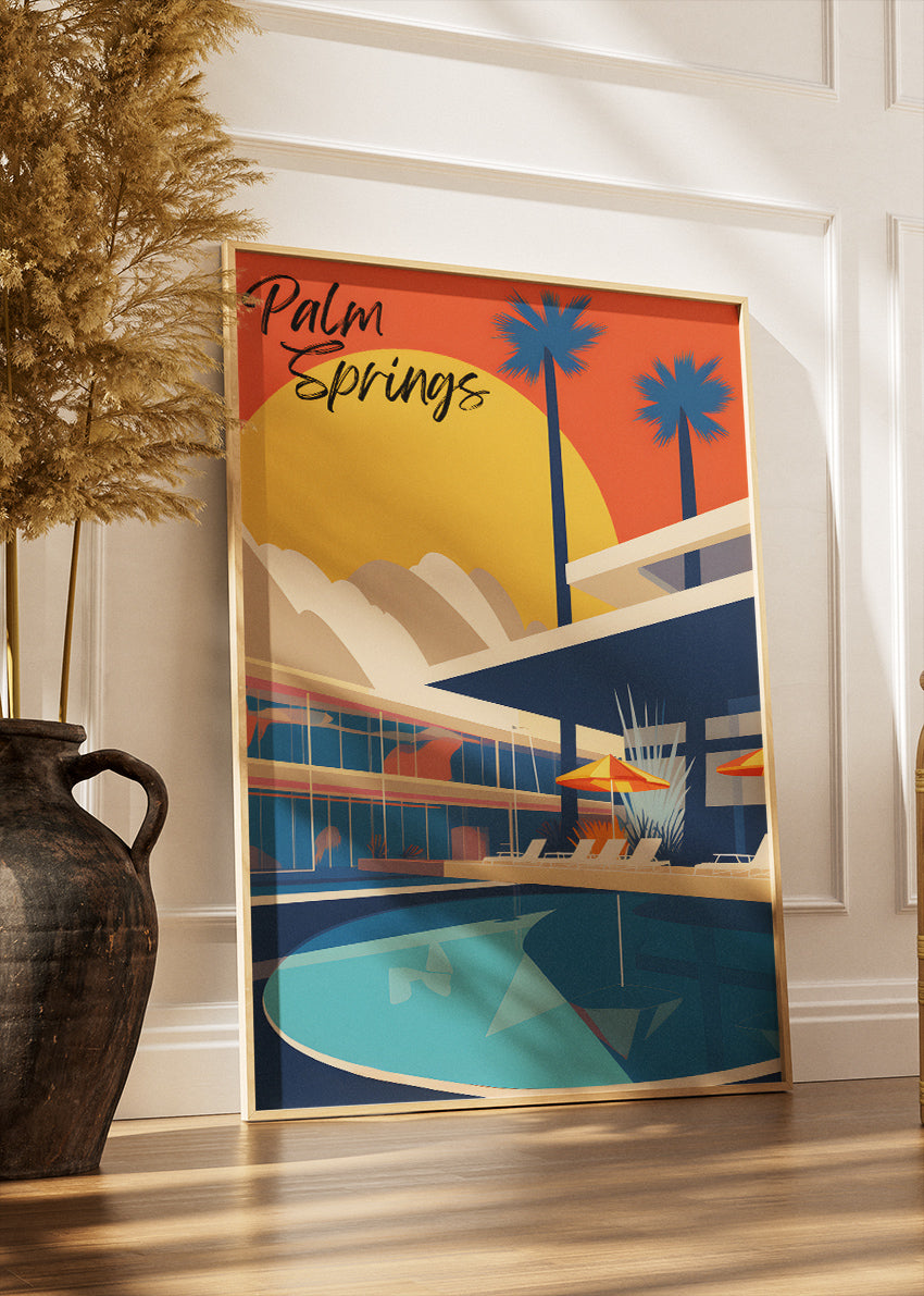 Palm Springs California Poster & Canvas Print – Retro Sunset Poolside Illustration