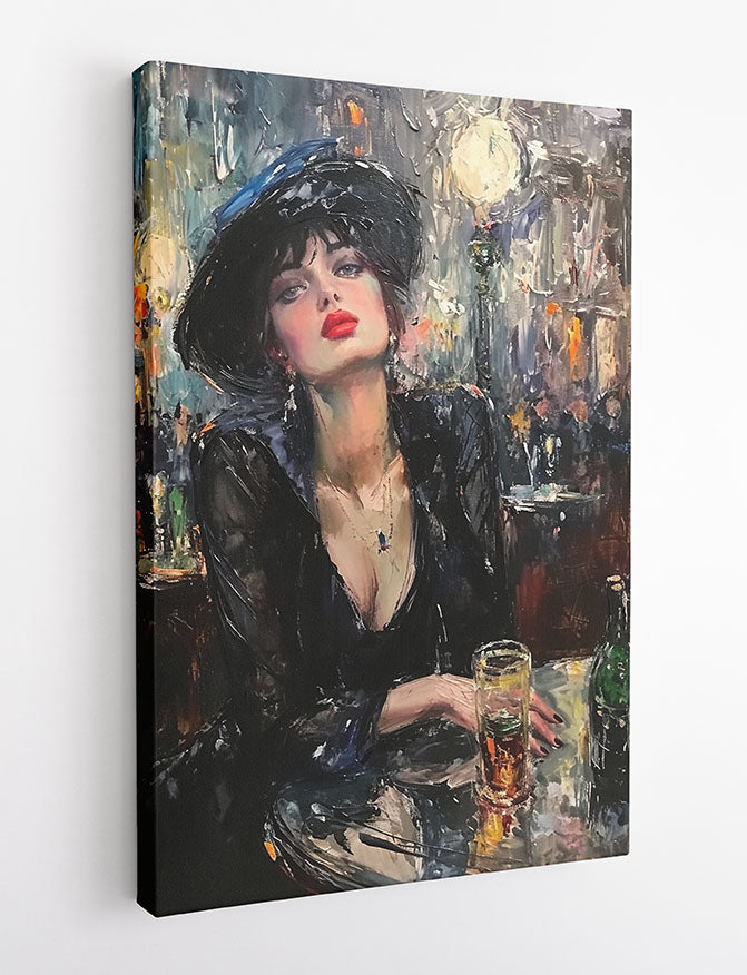Parisian Night Out – Elegant Woman with Wine Canvas Art & Poster Print – T1056 – AiPrintLab