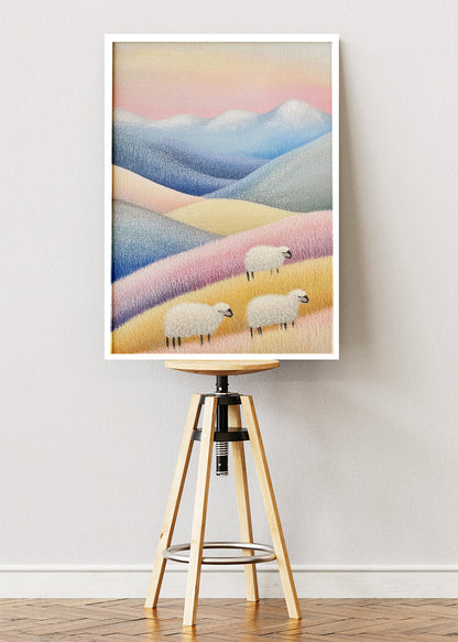 Pastel Hills with Grazing Sheep – Soft Minimal Landscape Wall Art Poster & Canvas – AI PRINT LAB