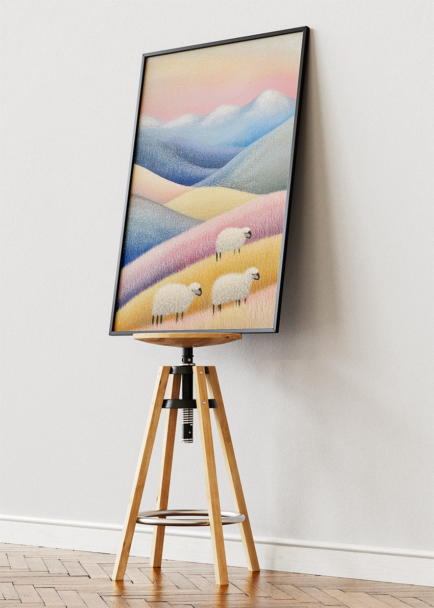 Pastel Hills with Grazing Sheep – Soft Minimal Landscape Wall Art Poster & Canvas – AI PRINT LAB