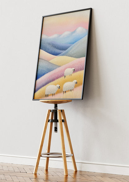 Pastel Hills with Grazing Sheep – Soft Minimal Landscape Wall Art Poster & Canvas – AI PRINT LAB