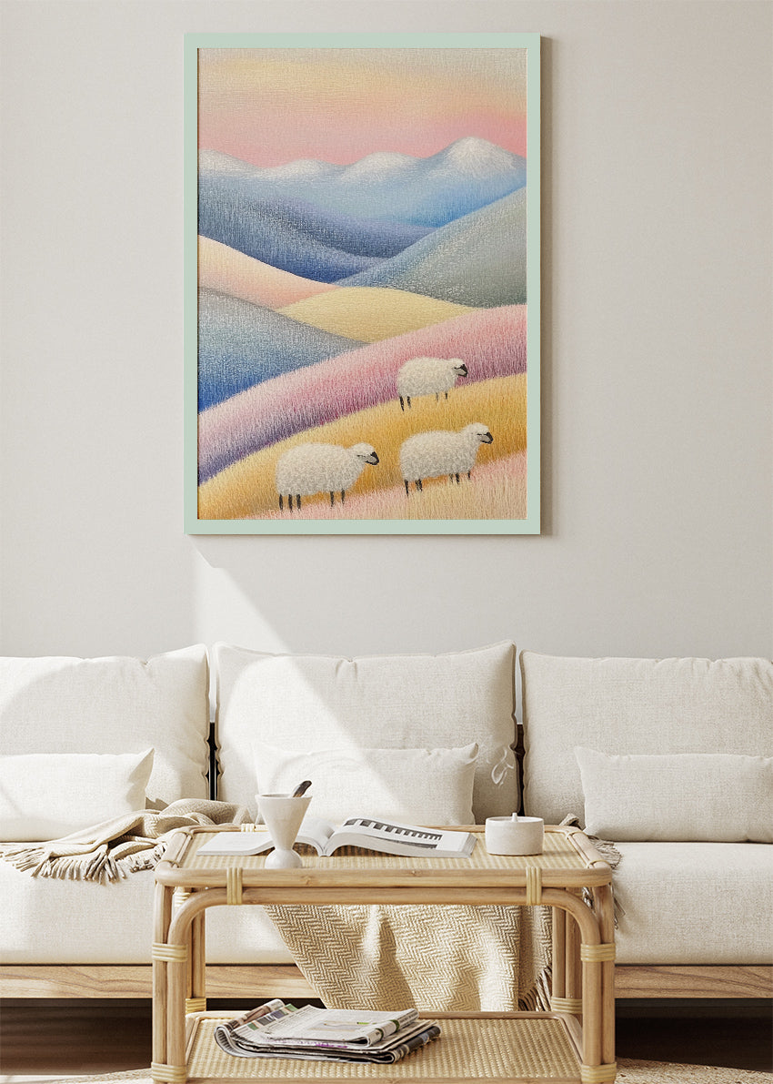 Pastel Hills with Grazing Sheep – Soft Minimal Landscape Wall Art Poster & Canvas – AI PRINT LAB