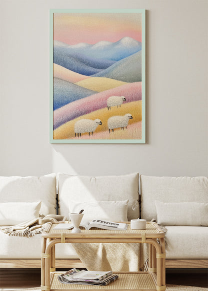 Pastel Hills with Grazing Sheep – Soft Minimal Landscape Wall Art Poster & Canvas – AI PRINT LAB