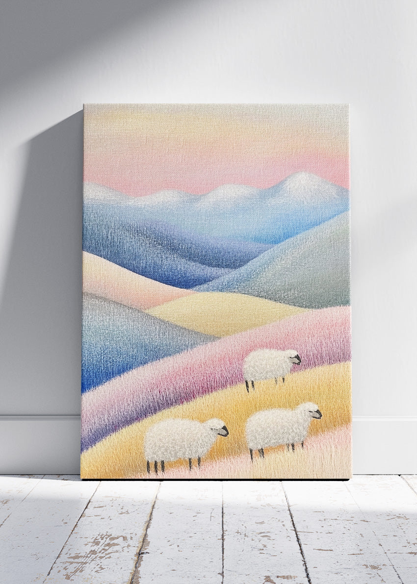 Pastel Hills with Grazing Sheep – Soft Minimal Landscape Wall Art Poster & Canvas – AI PRINT LAB