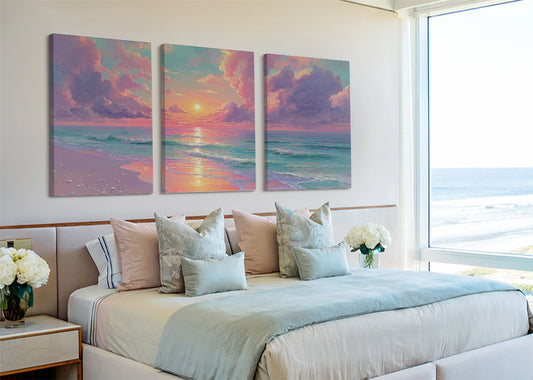 Pastel Ocean Sunset Beach Canvas Wall Art – Single & 3 Panel Canvas – AI PRINT LAB