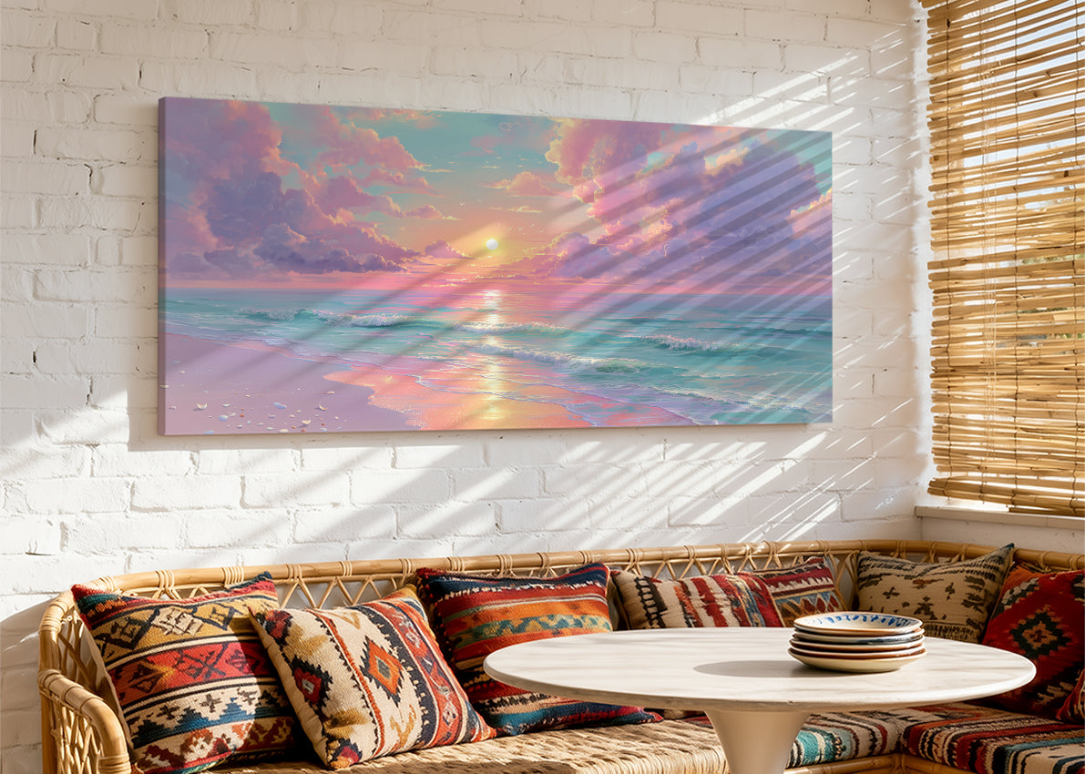 Pastel Ocean Sunset Beach Canvas Wall Art – Single & 3 Panel Canvas – AI PRINT LAB