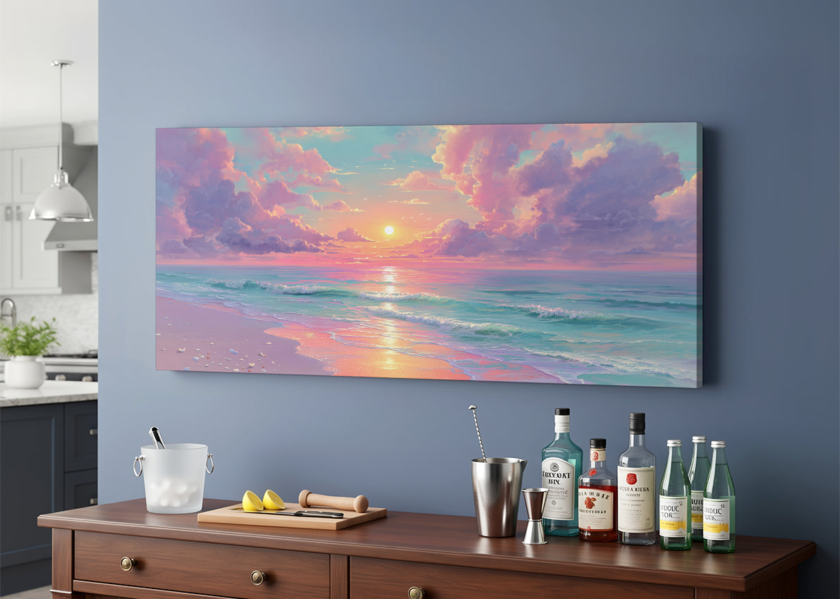 Pastel Ocean Sunset Beach Canvas Wall Art – Single & 3 Panel Canvas – AI PRINT LAB