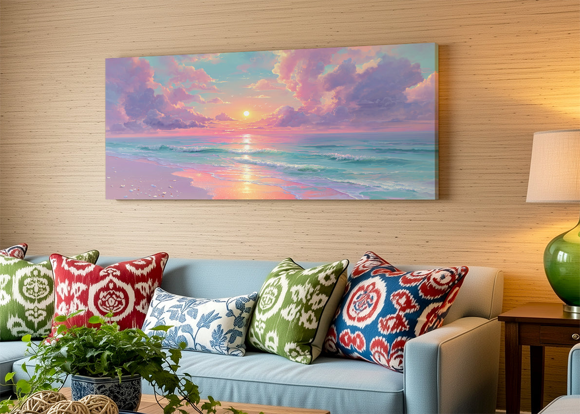 Pastel Ocean Sunset Beach Canvas Wall Art – Single & 3 Panel Canvas – AI PRINT LAB