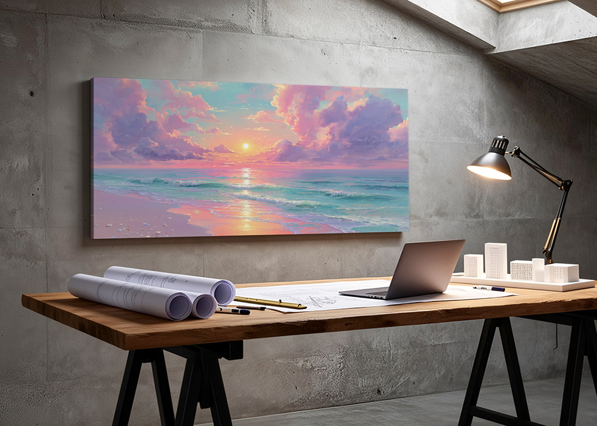 Pastel Ocean Sunset Beach Canvas Wall Art – Single & 3 Panel Canvas – AI PRINT LAB