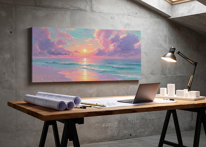 Pastel Ocean Sunset Beach Canvas Wall Art – Single & 3 Panel Canvas – AI PRINT LAB