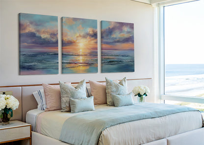 Pastel Sunrise Over Ocean Canvas Wall Art – Single & 3 Panel Split – AI PRINT LAB