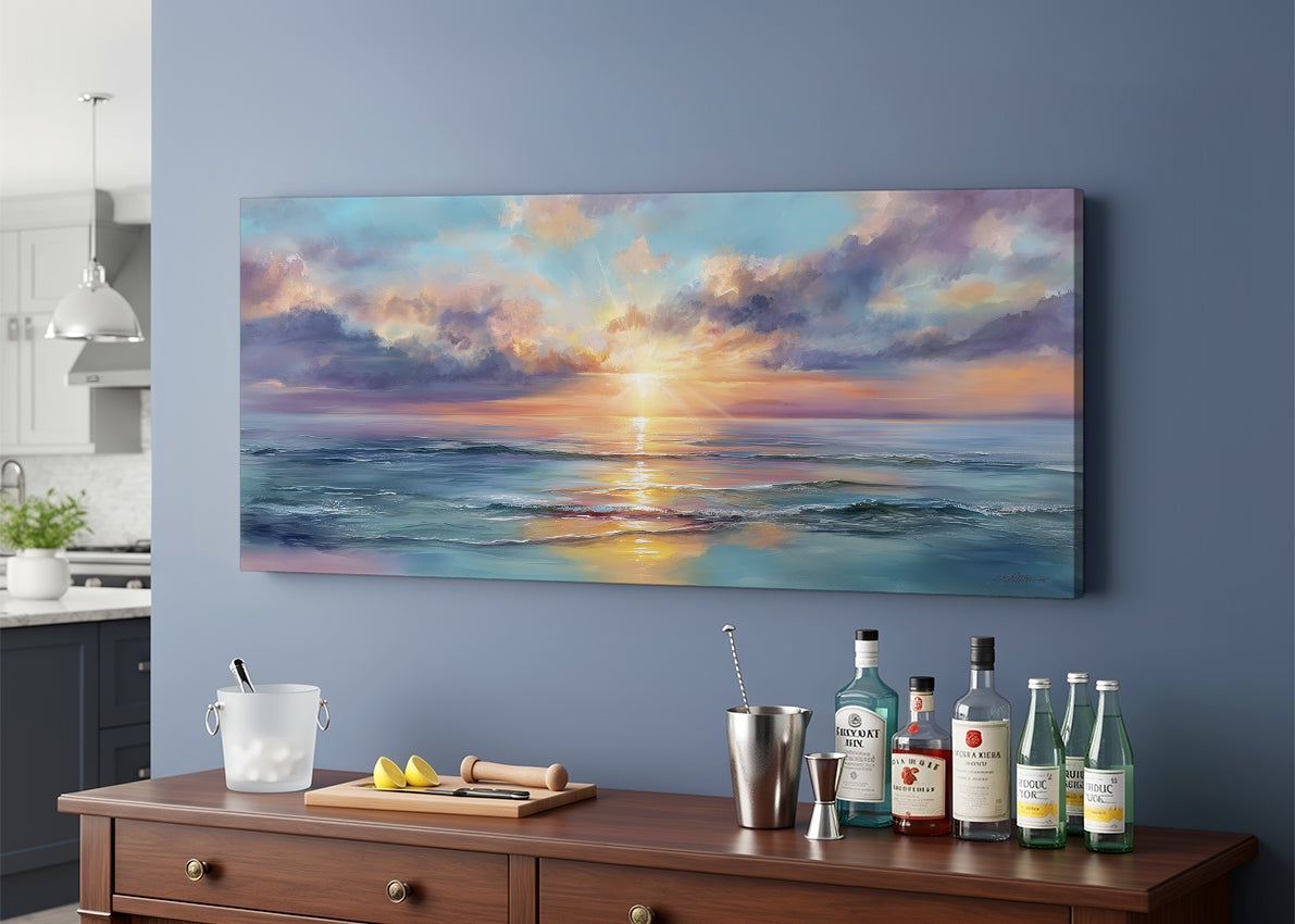Pastel Sunrise Over Ocean Canvas Wall Art – Single & 3 Panel Split – AI PRINT LAB
