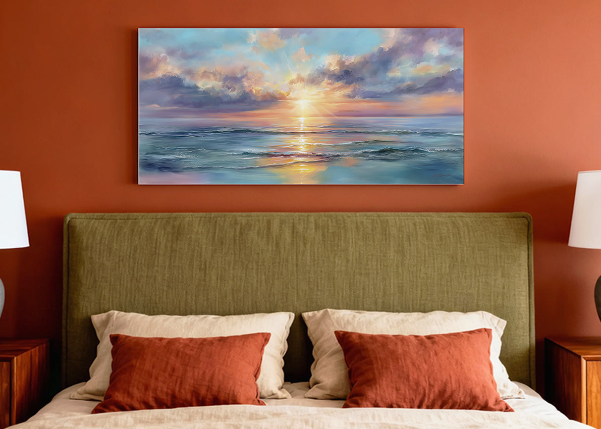 Pastel Sunrise Over Ocean Canvas Wall Art – Single & 3 Panel Split – AI PRINT LAB