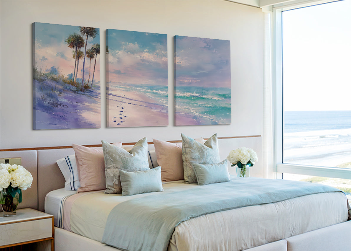 Pastel Tropical Shoreline Canvas Wall Art – Single & 3 Panel Split – AI PRINT LAB