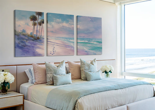 Pastel Tropical Shoreline Canvas Wall Art – Single & 3 Panel Split – AI PRINT LAB