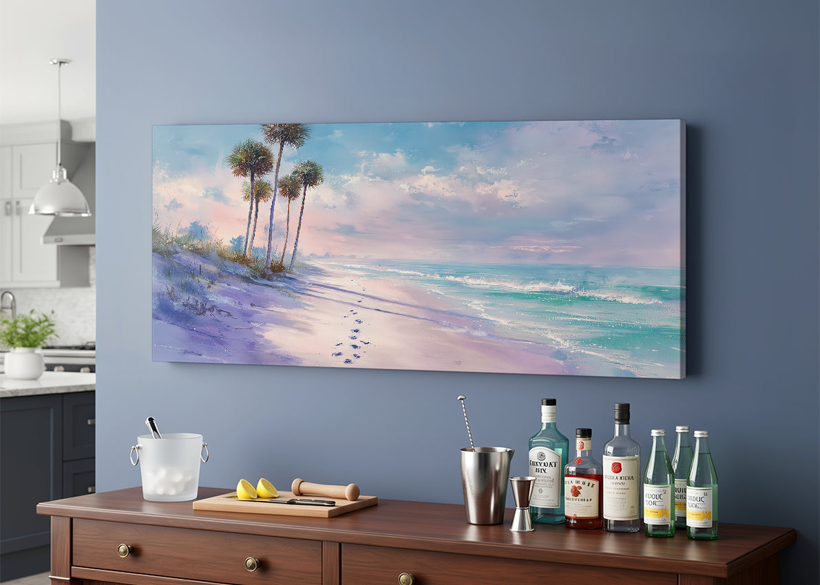 Pastel Tropical Shoreline Canvas Wall Art – Single & 3 Panel Split – AI PRINT LAB