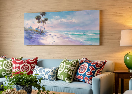 Pastel Tropical Shoreline Canvas Wall Art – Single & 3 Panel Split – AI PRINT LAB