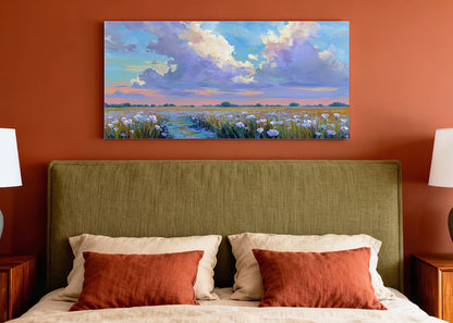 Pastel Wildflower Field Under Dramatic Clouds Canvas Wall Art – Single & 3 Panel Split – AI PRINT LAB