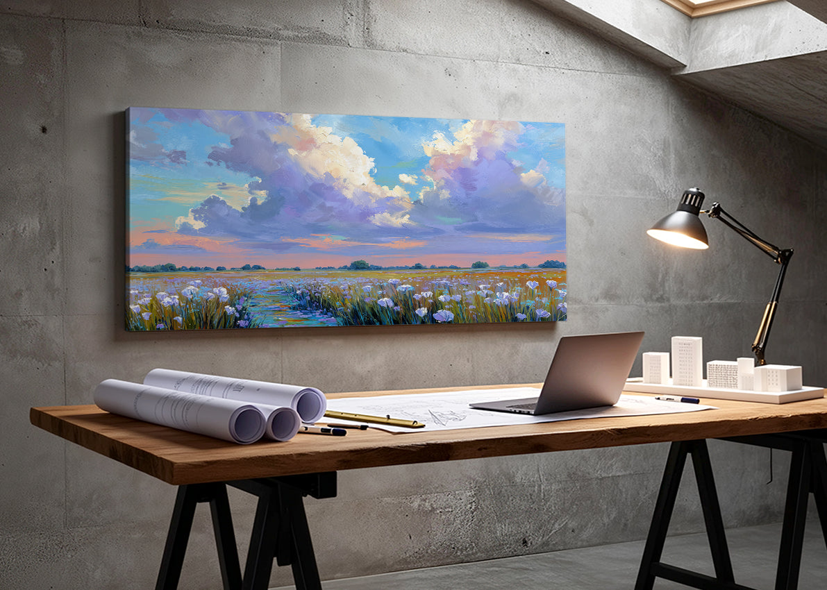 Pastel Wildflower Field Under Dramatic Clouds Canvas Wall Art – Single & 3 Panel Split – AI PRINT LAB