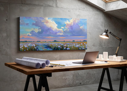 Pastel Wildflower Field Under Dramatic Clouds Canvas Wall Art – Single & 3 Panel Split – AI PRINT LAB