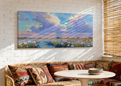 Pastel Wildflower Field Under Dramatic Clouds Canvas Wall Art – Single & 3 Panel Split – AI PRINT LAB