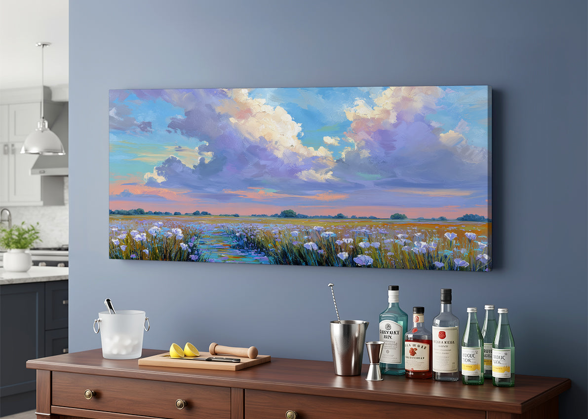 Pastel Wildflower Field Under Dramatic Clouds Canvas Wall Art – Single & 3 Panel Split – AI PRINT LAB