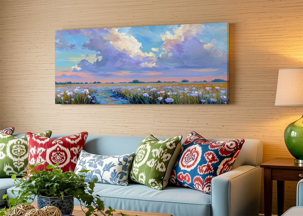 Pastel Wildflower Field Under Dramatic Clouds Canvas Wall Art – Single & 3 Panel Split – AI PRINT LAB