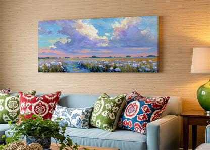 Pastel Wildflower Field Under Dramatic Clouds Canvas Wall Art – Single & 3 Panel Split – AI PRINT LAB