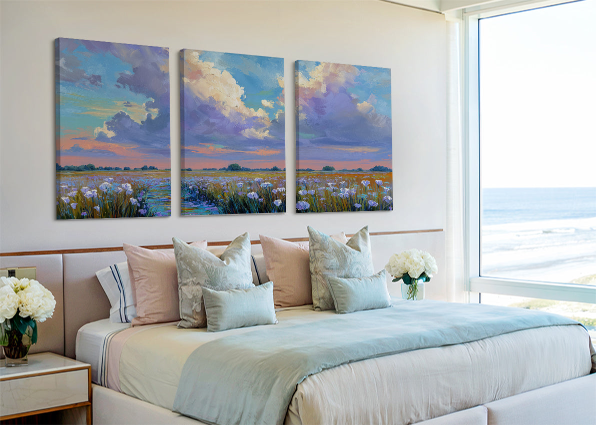 Pastel Wildflower Field Under Dramatic Clouds Canvas Wall Art – Single & 3 Panel Split – AI PRINT LAB
