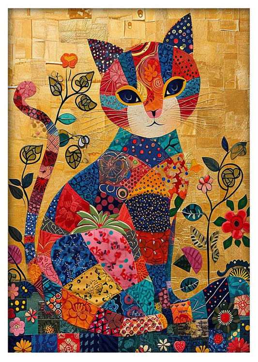 Patchwork Cat on Gold – Whimsical Colorful Animal Canvas Wall Art – T951 – AiPrintLab