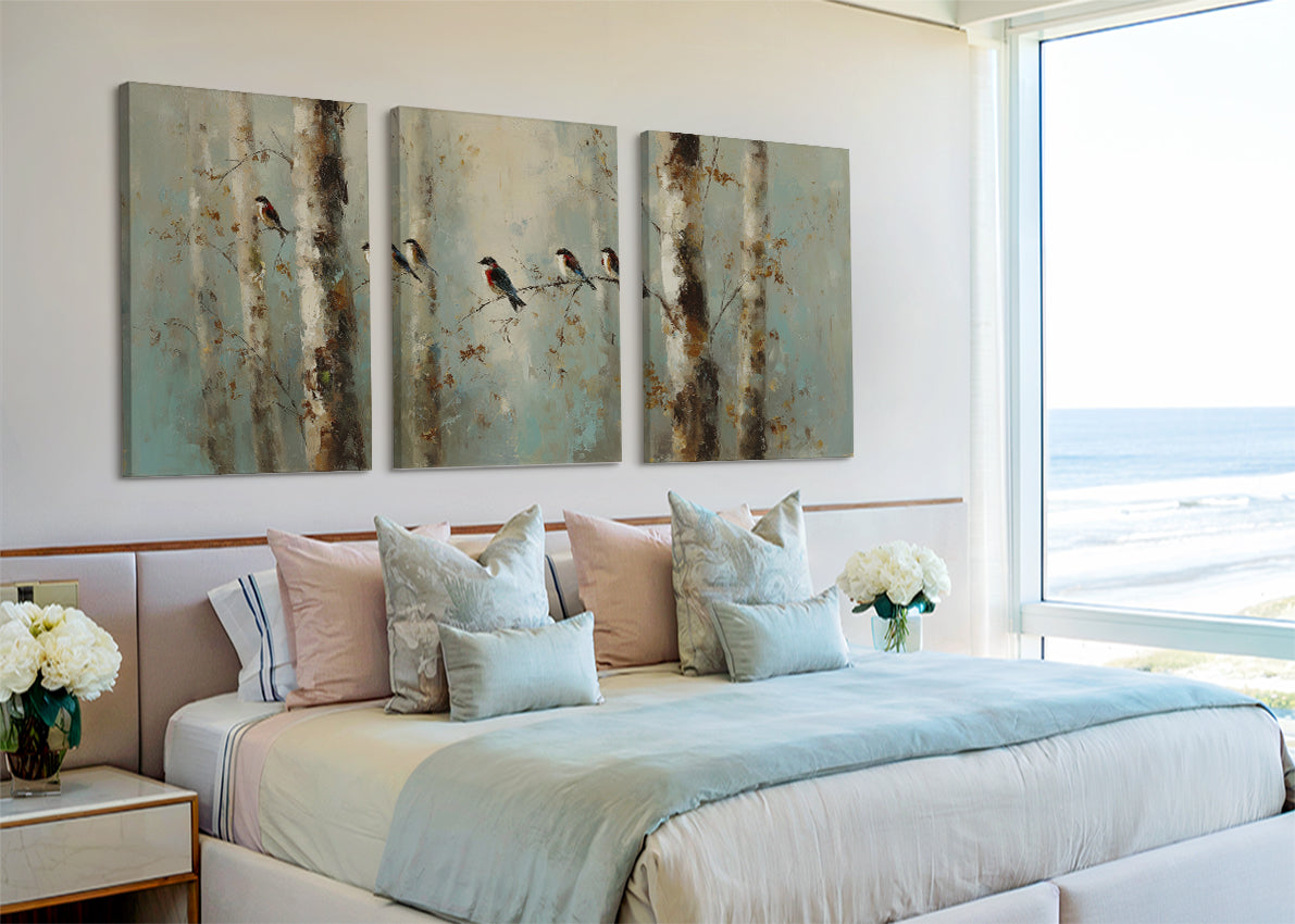 Peaceful Forest Birds Canvas Wall Art – Soft Teal Woodland Single & 3 Panel Canvas