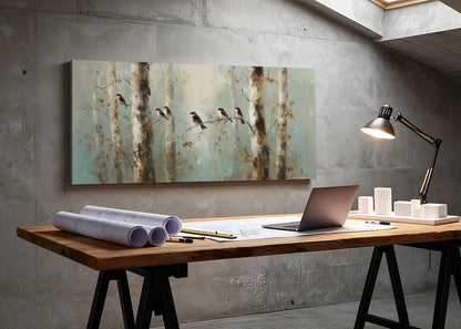 Peaceful Forest Birds Canvas Wall Art – Soft Teal Woodland Single & 3 Panel Canvas