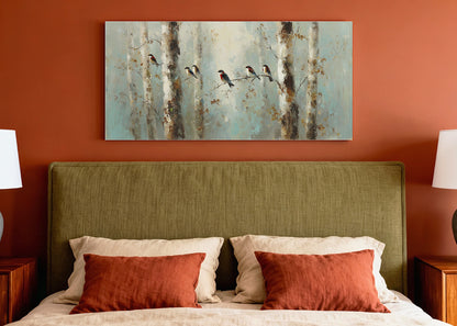 Peaceful Forest Birds Canvas Wall Art – Soft Teal Woodland Single & 3 Panel Canvas