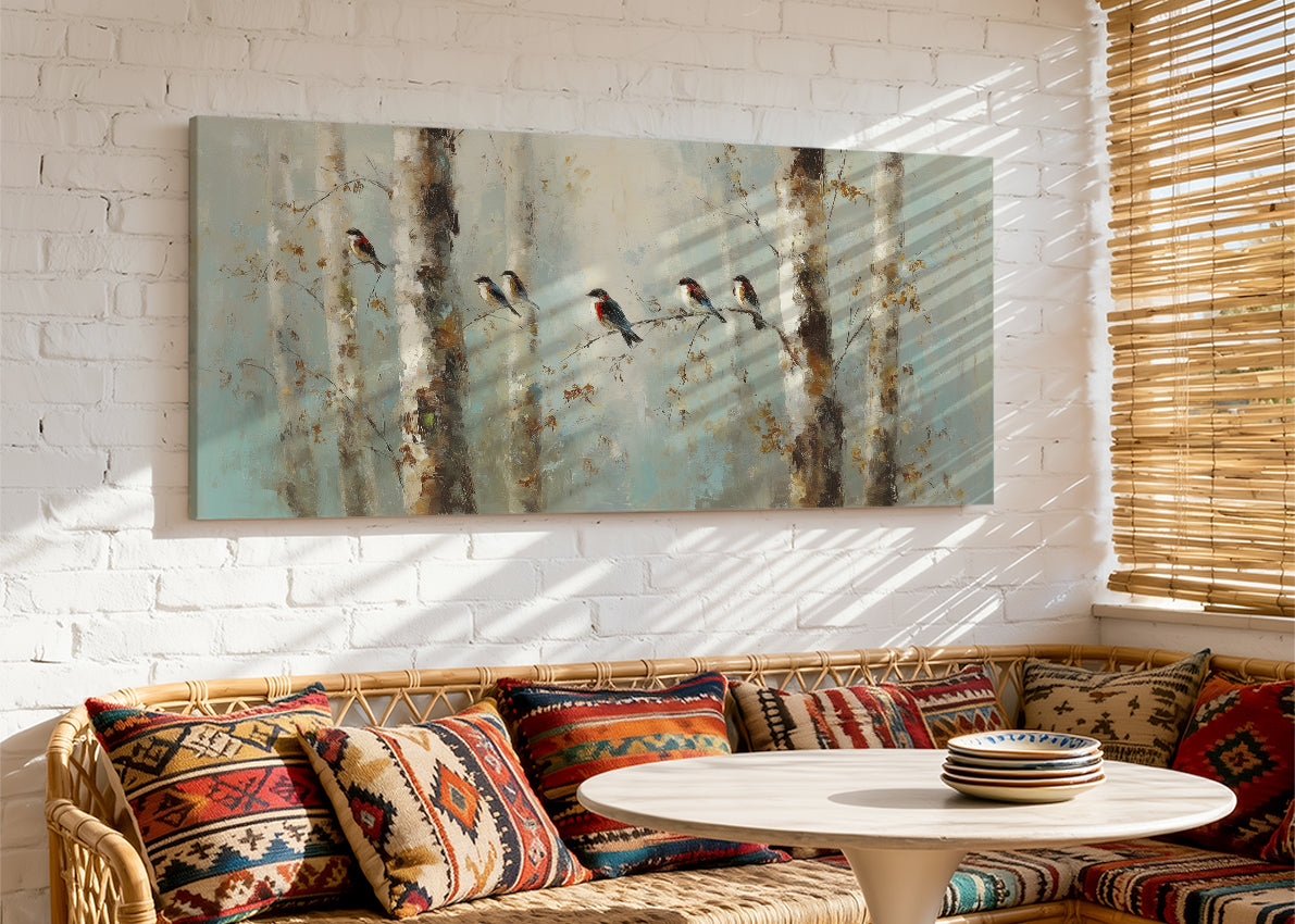 Peaceful Forest Birds Canvas Wall Art – Soft Teal Woodland Single & 3 Panel Canvas