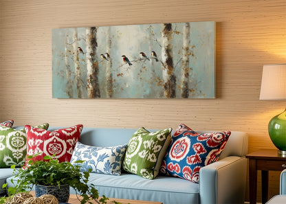 Peaceful Forest Birds Canvas Wall Art – Soft Teal Woodland Single & 3 Panel Canvas