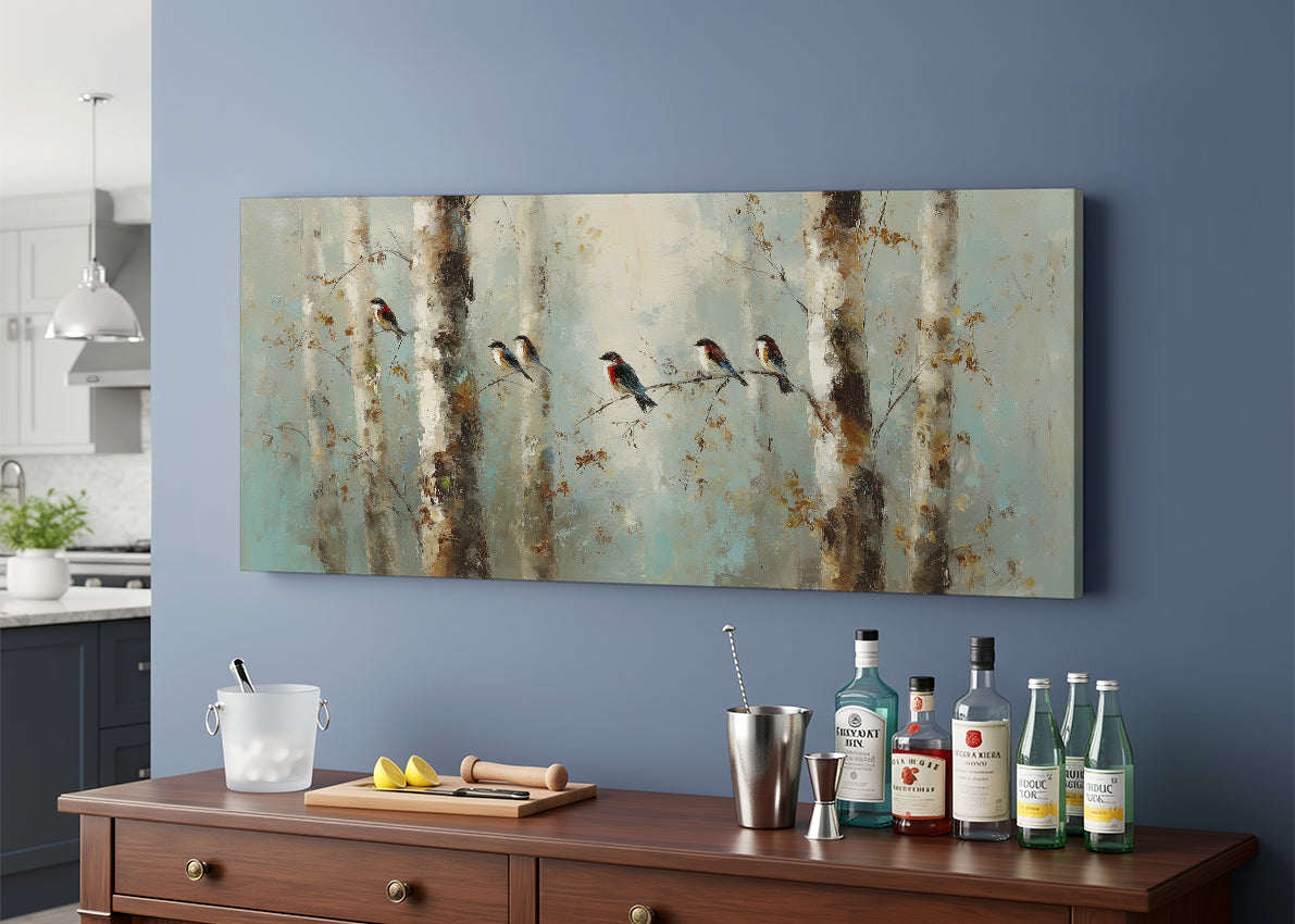Peaceful Forest Birds Canvas Wall Art – Soft Teal Woodland Single & 3 Panel Canvas