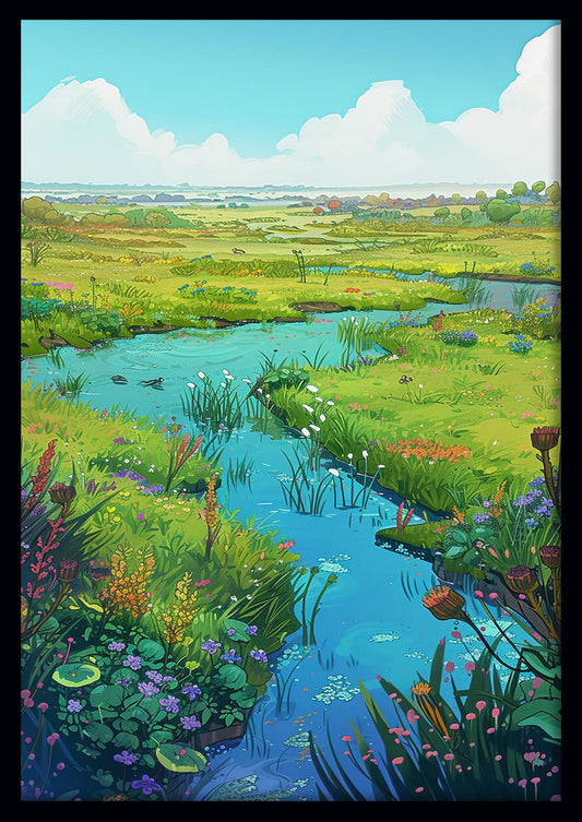 Peaceful Meadow Stream – Colorful Countryside Landscape Canvas & Poster Wall Art – T1142 – AiPrintLab