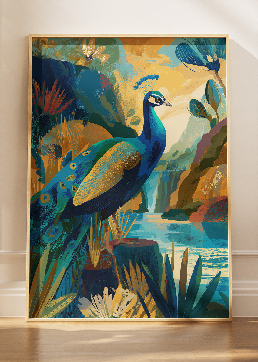 Peacock Waterfall Landscape Poster & Canvas Print – Colorful Nature Wall Art