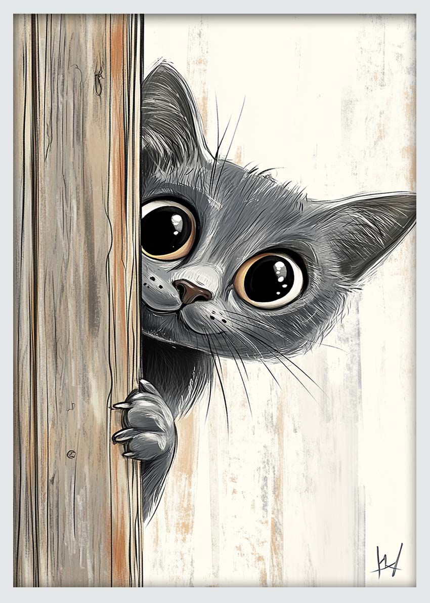 Peeking Cat Wall Art Print – Funny Animal Canvas & Poster – T1039 –