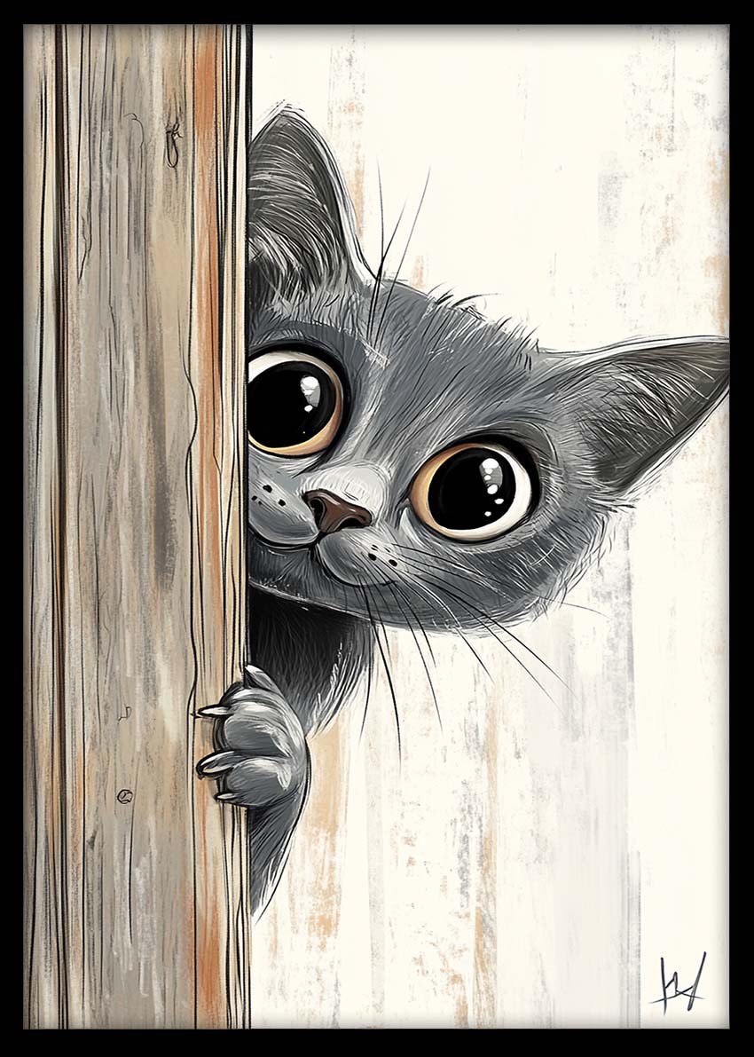 Peeking Cat Wall Art Print – Funny Animal Canvas & Poster – T1039 –