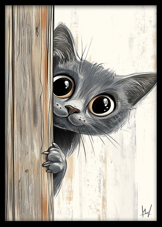 Peeking Cat Wall Art Print – Funny Animal Canvas & Poster – T1039 –