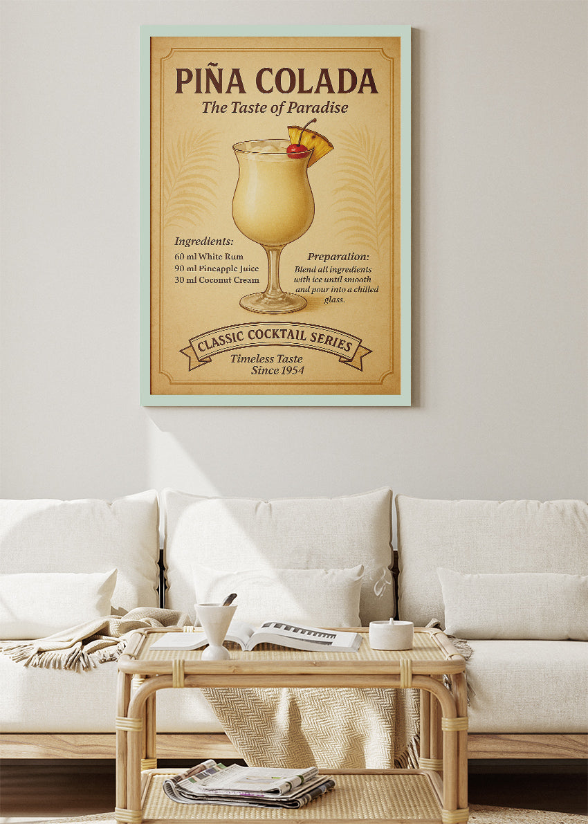 Piña Colada Vintage Cocktail Poster & Canvas Print | Classic Tropical Bar Wall Art