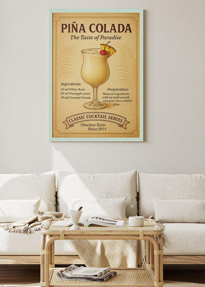Piña Colada Vintage Cocktail Poster & Canvas Print | Classic Tropical Bar Wall Art