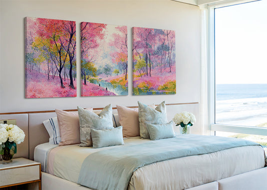 Pink Blossom River Landscape Canvas Wall Art – Colorful Spring Forest Painting – Single & 3 Panel Canvas – AI PRINT LAB
