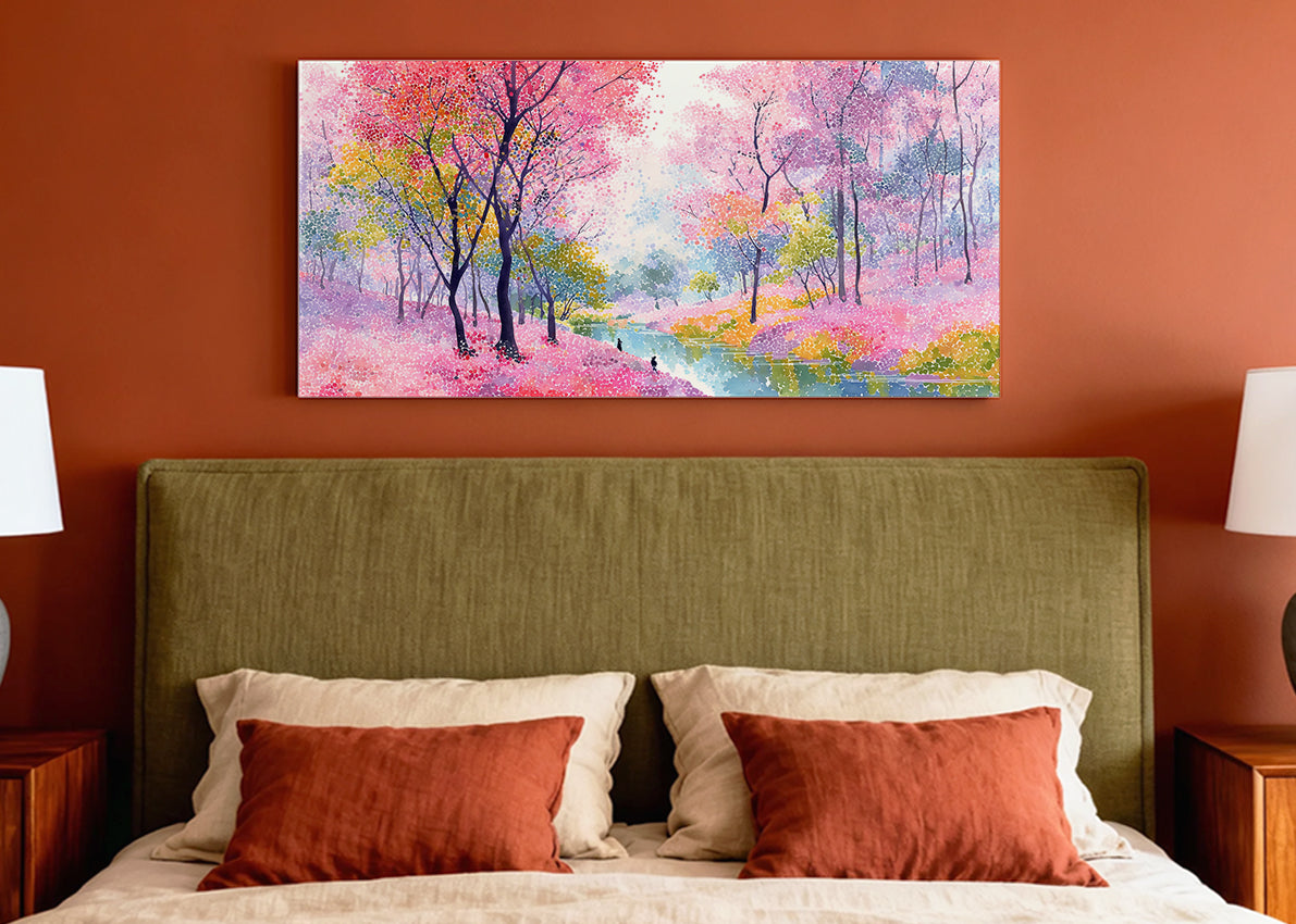 Pink Blossom River Landscape Canvas Wall Art – Colorful Spring Forest Painting – Single & 3 Panel Canvas – AI PRINT LAB
