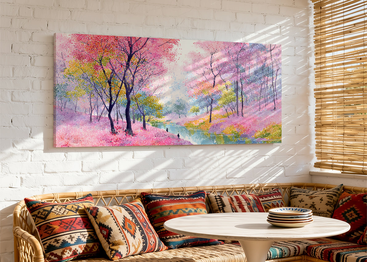Pink Blossom River Landscape Canvas Wall Art – Colorful Spring Forest Painting – Single & 3 Panel Canvas – AI PRINT LAB