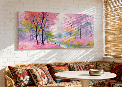 Pink Blossom River Landscape Canvas Wall Art – Colorful Spring Forest Painting – Single & 3 Panel Canvas – AI PRINT LAB